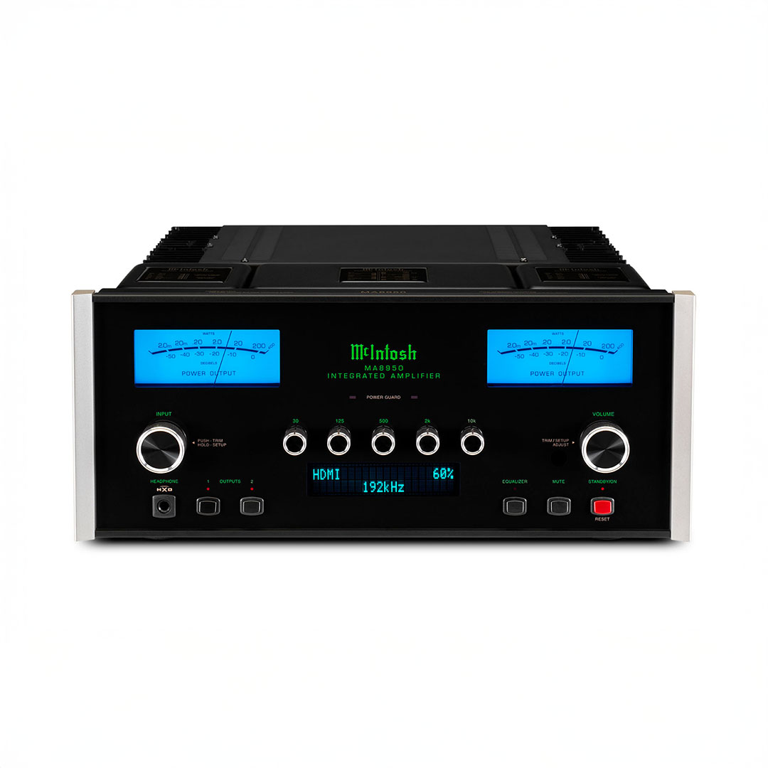McIntosh integrated amplifier with digital display and controls.