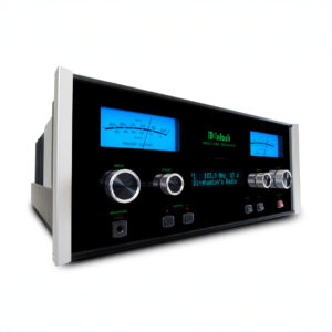 McIntosh audio receiver with blue meters and knobs.