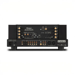 Back view of audio receiver with various ports.