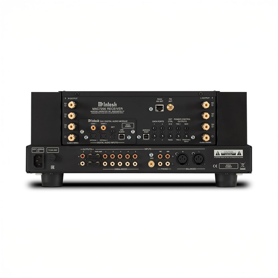 Back view of audio receiver with various ports.