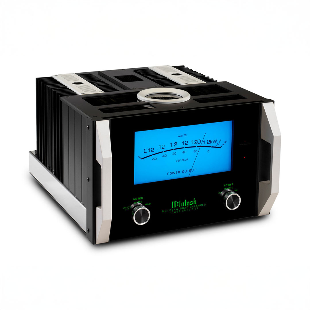 High-end audio power amplifier with blue display.