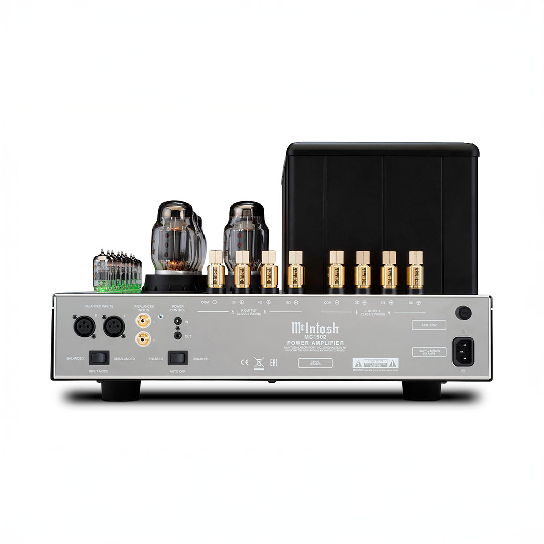 Rear view of McIntosh power amplifier with tubes.