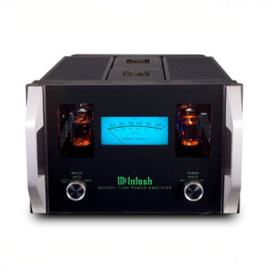 High-end tube power amplifier with glowing tubes.