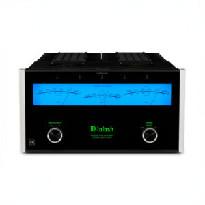 High-end audio power amplifier with blue display.