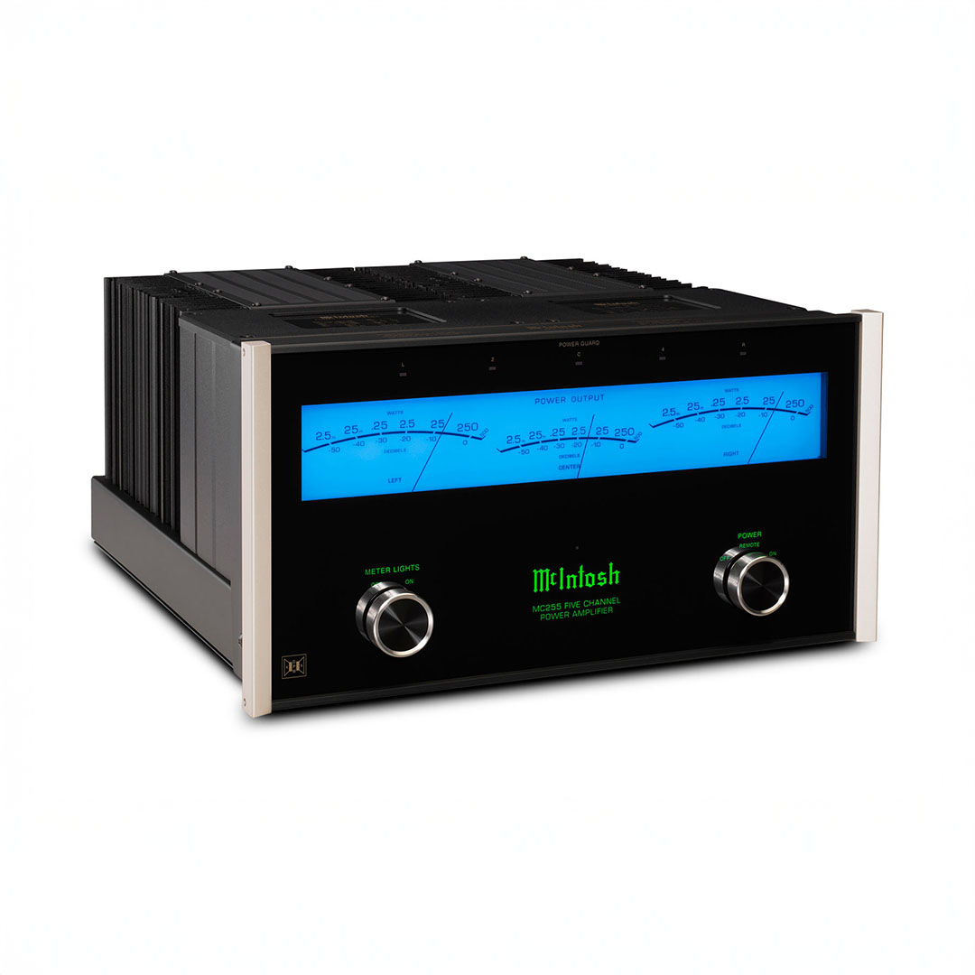 McIntosh MC255 power amplifier with blue display.