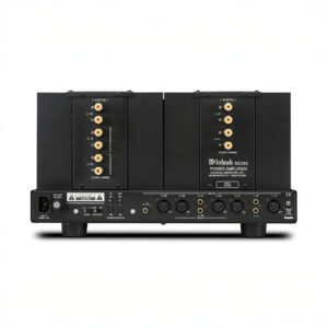 Rear view of audio power amplifier with connectors.