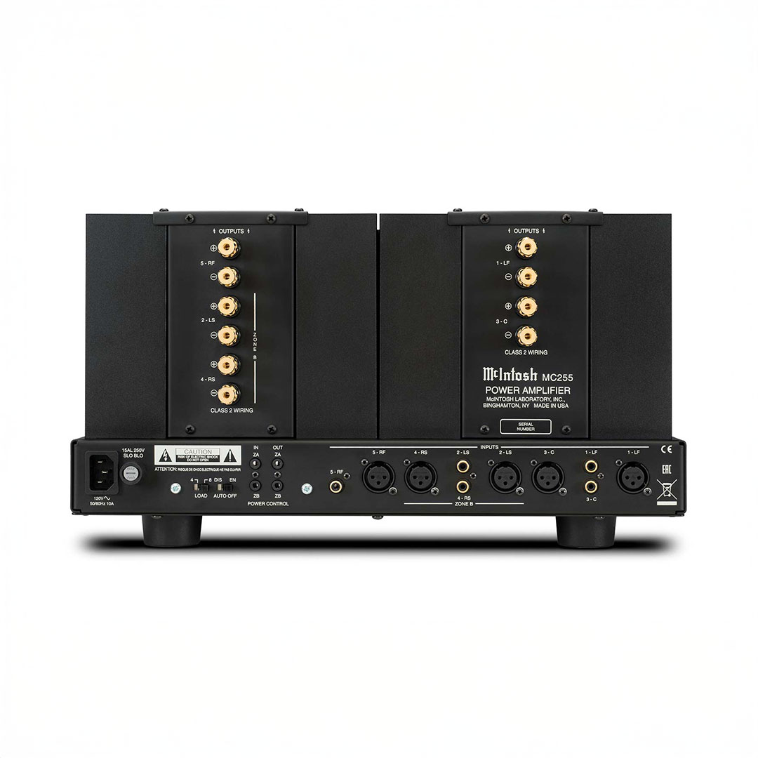 Rear view of audio power amplifier with connectors.