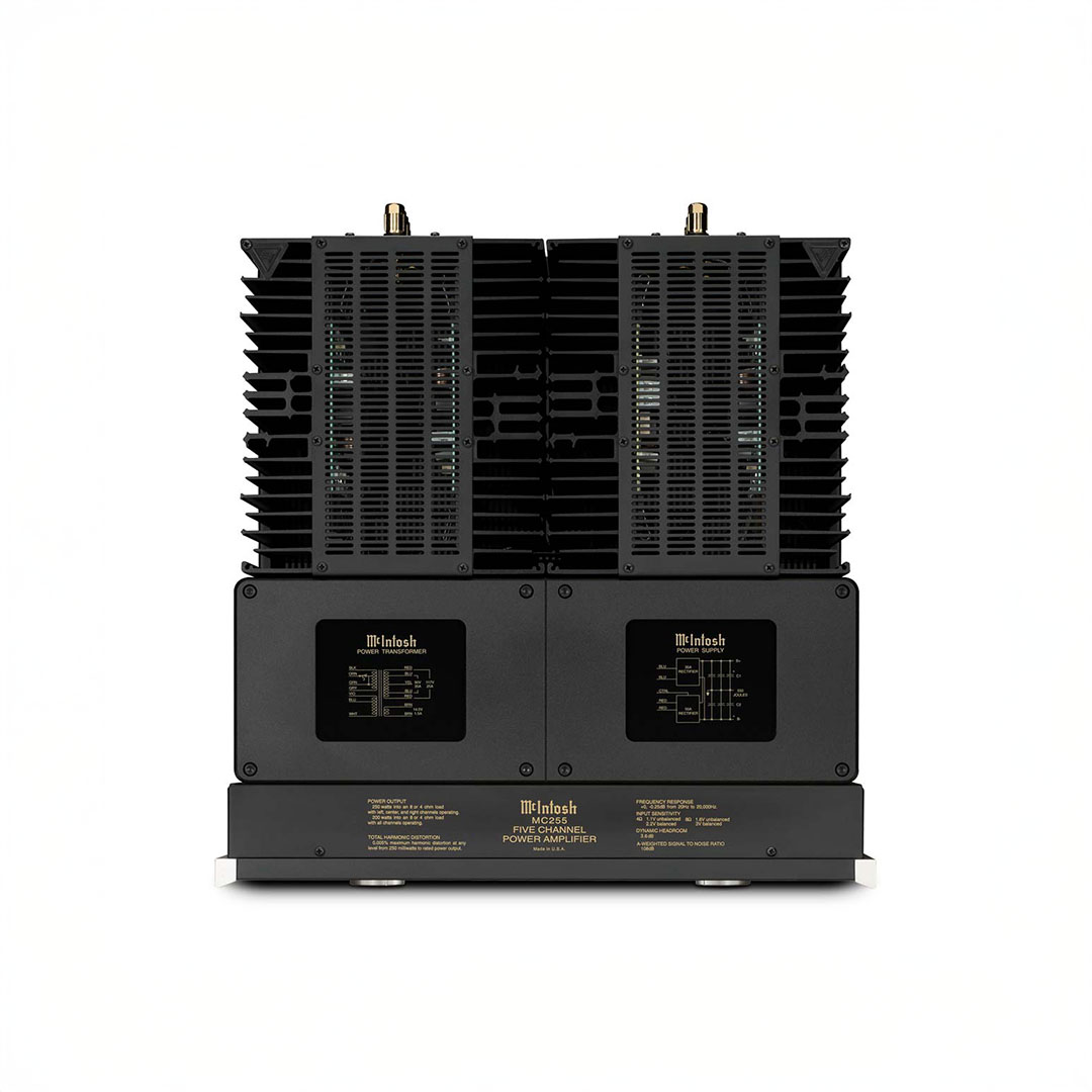 Back view of a McIntosh audio power amplifier.