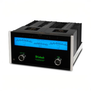 High-end audio amplifier with blue power meters.