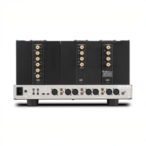 Rear view of audio amplifier with multiple connections.