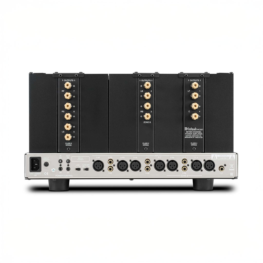 Rear view of audio amplifier with multiple connections.