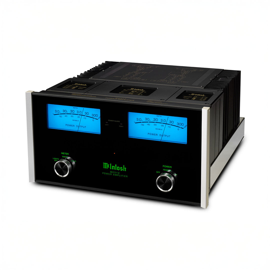 High-end stereo power amplifier with blue meters.