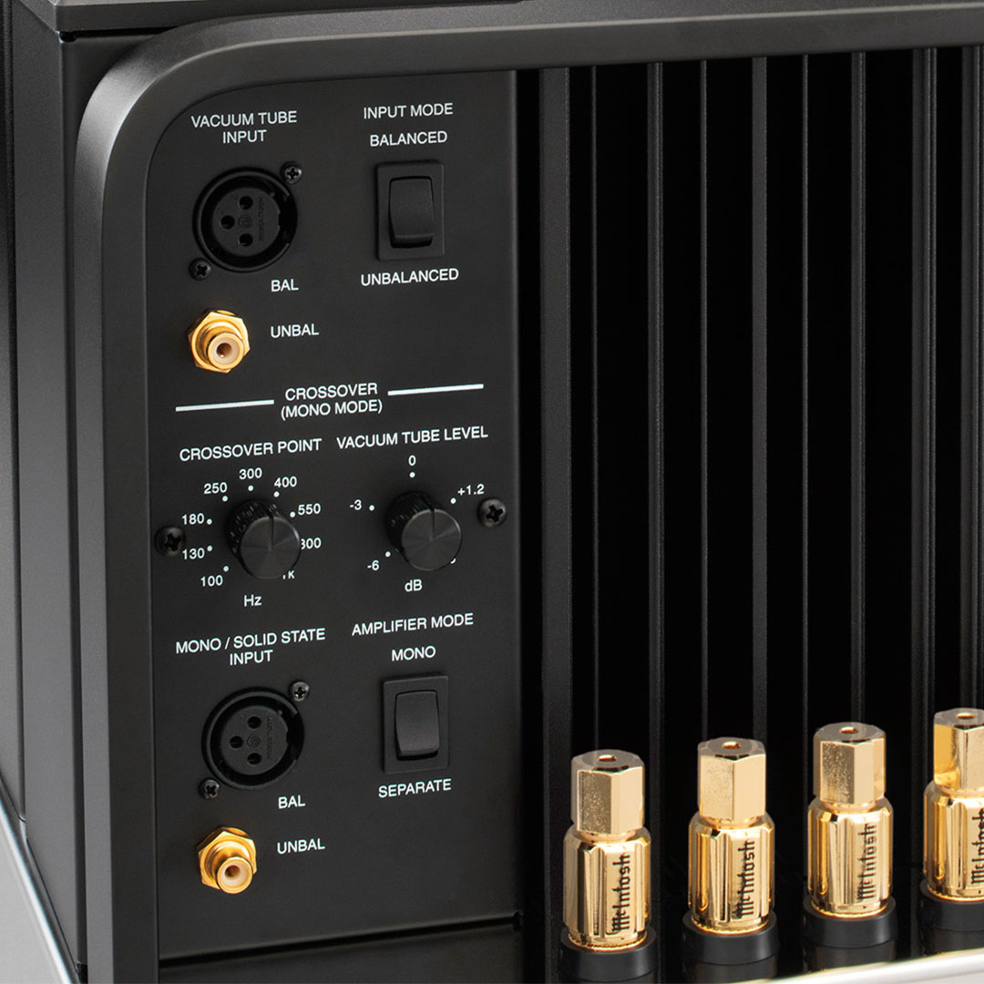 Audio amplifier panel with various input options.