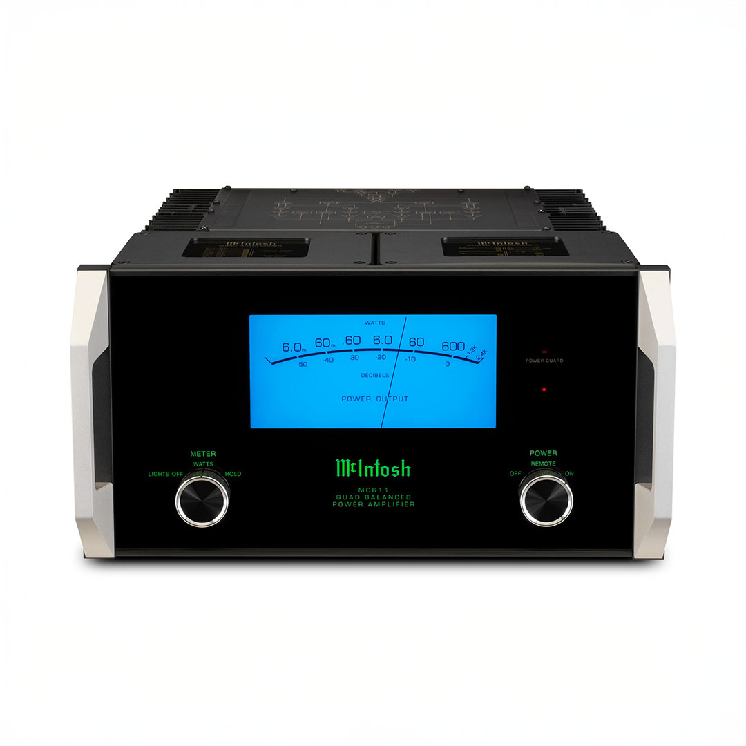 McIntosh MC611 power amplifier with blue display.