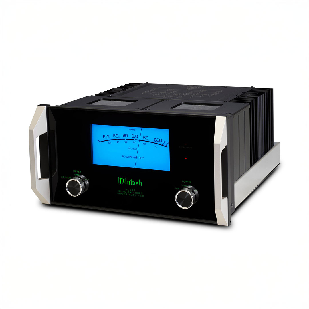 High-end audio power amplifier with blue display.