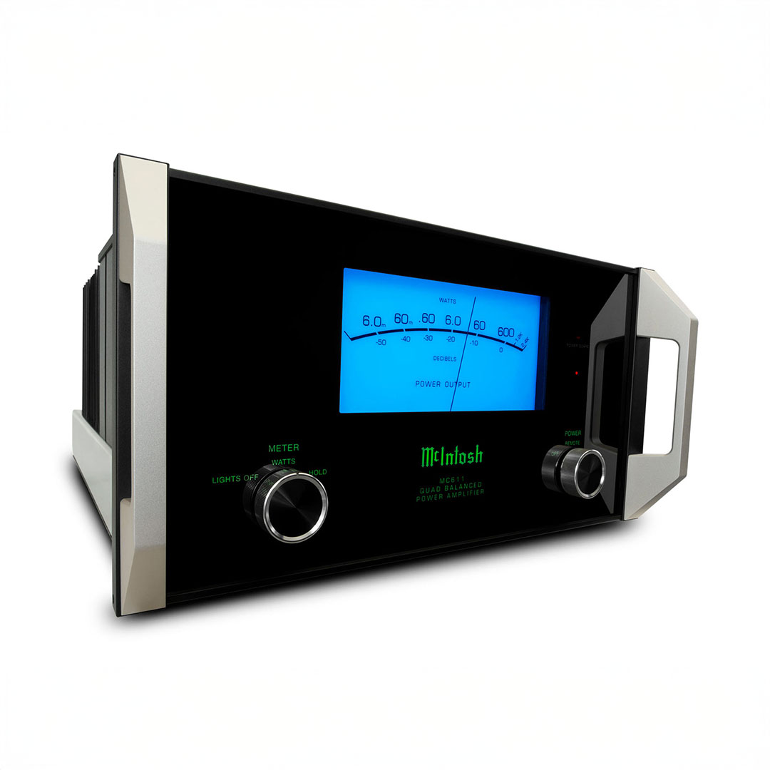 McIntosh audio amplifier with blue display and knobs.