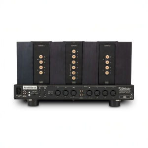 Back view of audio power amplifier outputs and inputs.