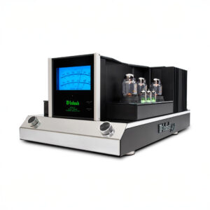 High-end audio power amplifier with blue display.
