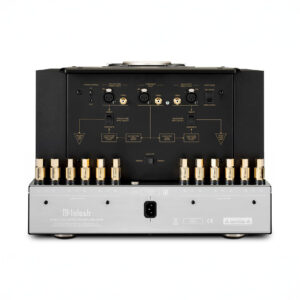 Back view of a stereo amplifier with connectors.
