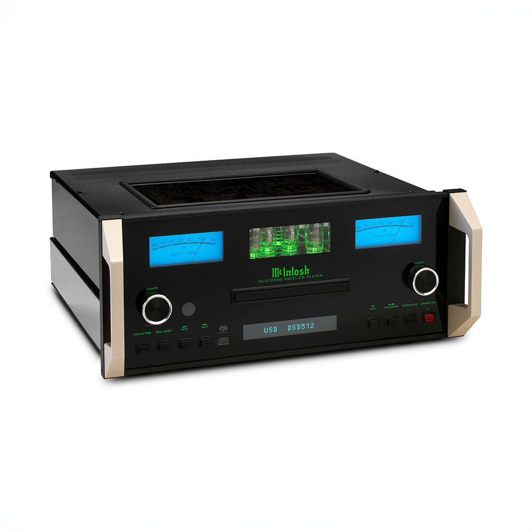 High-end McIntosh CD player with blue meters.