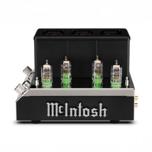 McIntosh tube amplifier with glowing green vacuum tubes.