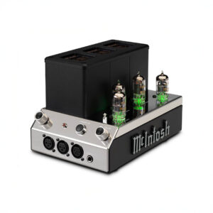 High-end audio amplifier with vacuum tubes and knobs.