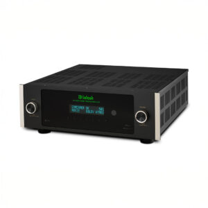 High-end black audio receiver with digital display.