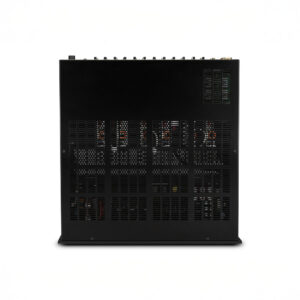 Back view of black audio amplifier