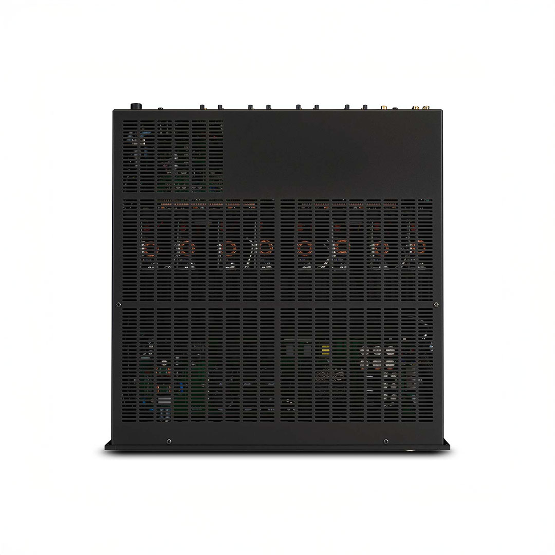 Black electronic device with vented panel.