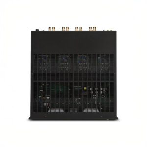 Back view of black electronic amplifier with vents.