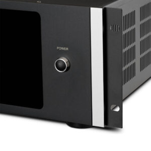 Black electronic device with power button and vented side.