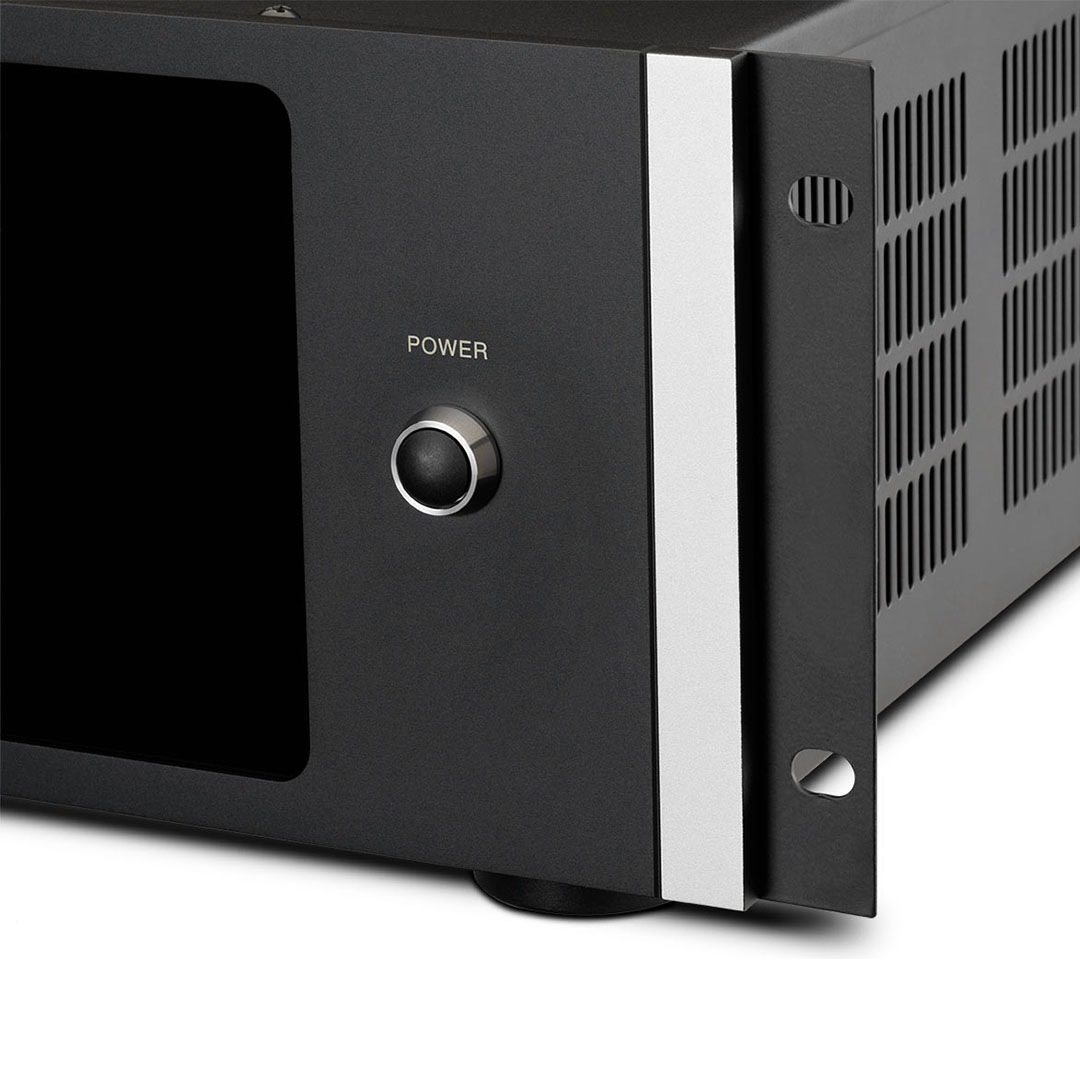 Black electronic device with power button and vented side.