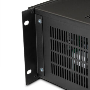Black metal server rack with ventilation holes.