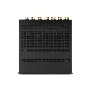 Rear view of a black audio amplifier device.