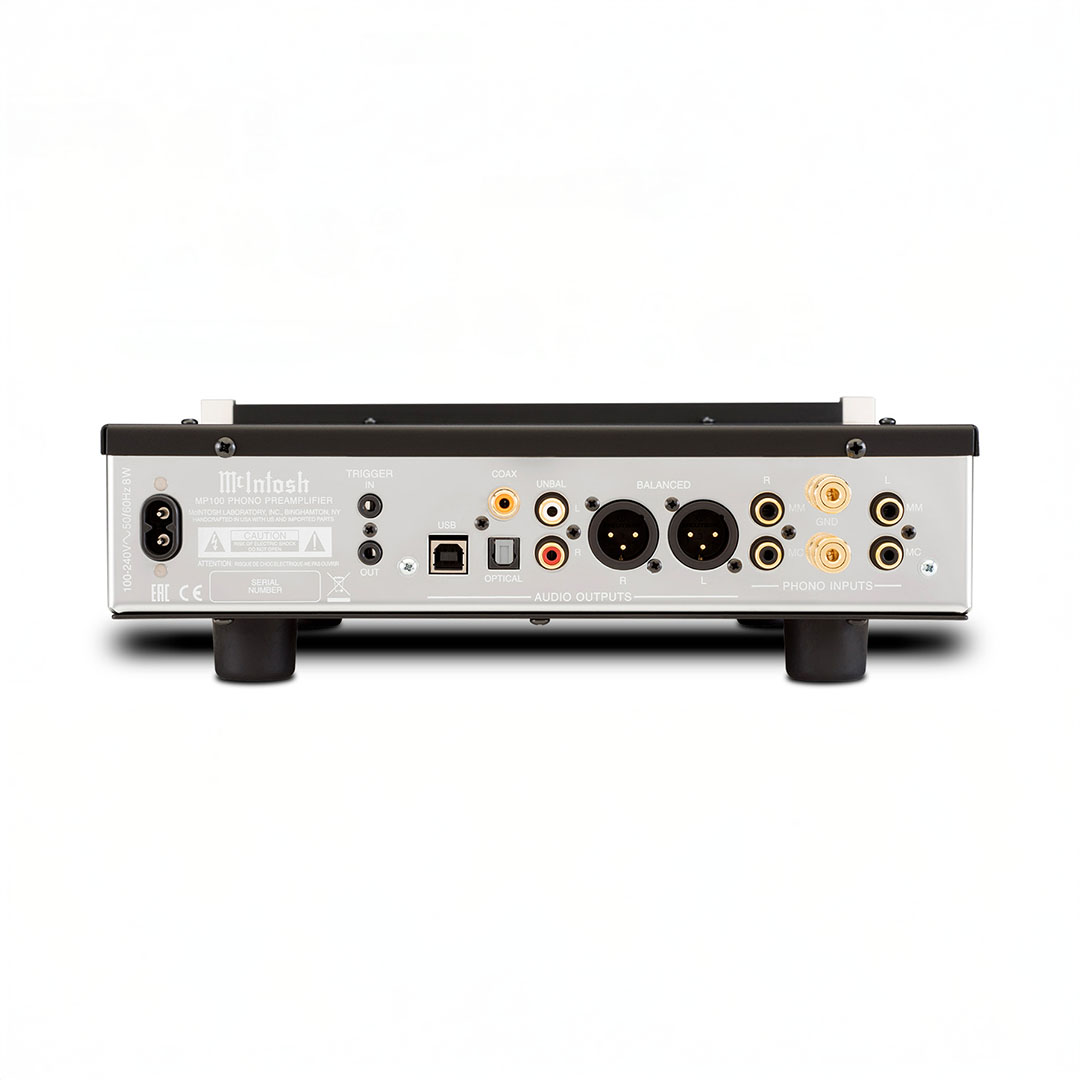 Back view of audio amplifier with various inputs