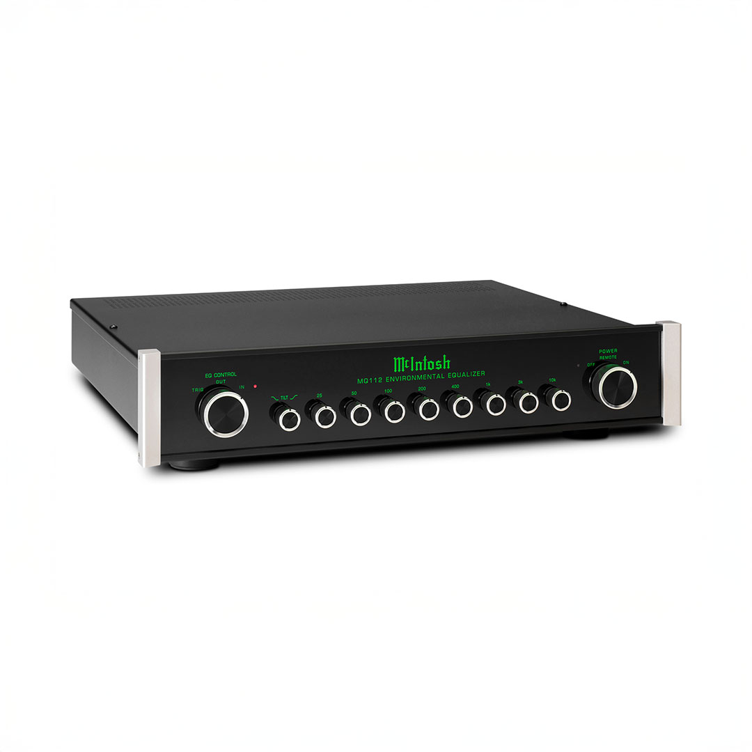 Black audio equalizer with multiple control knobs
