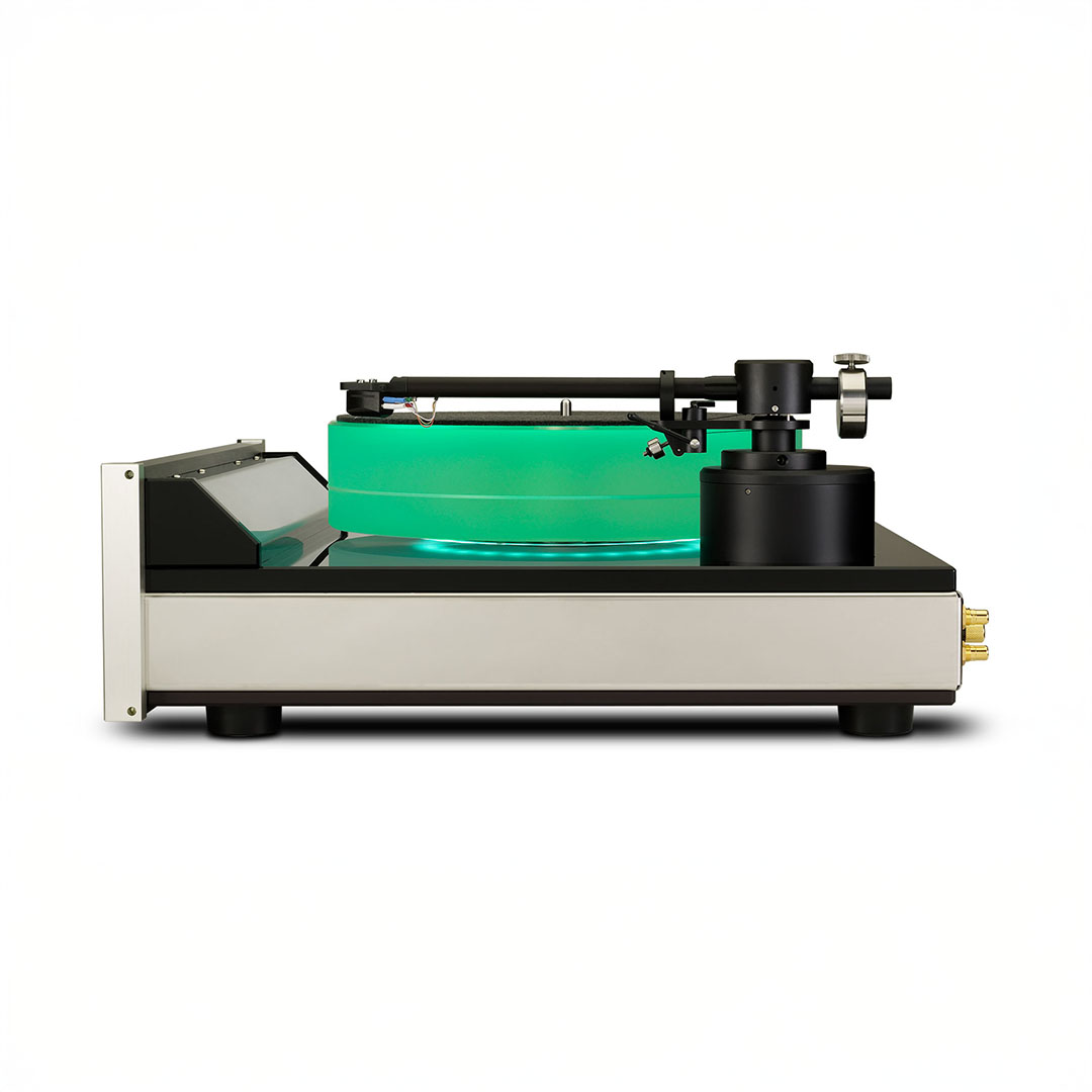 Modern turntable with green platter and tonearm.