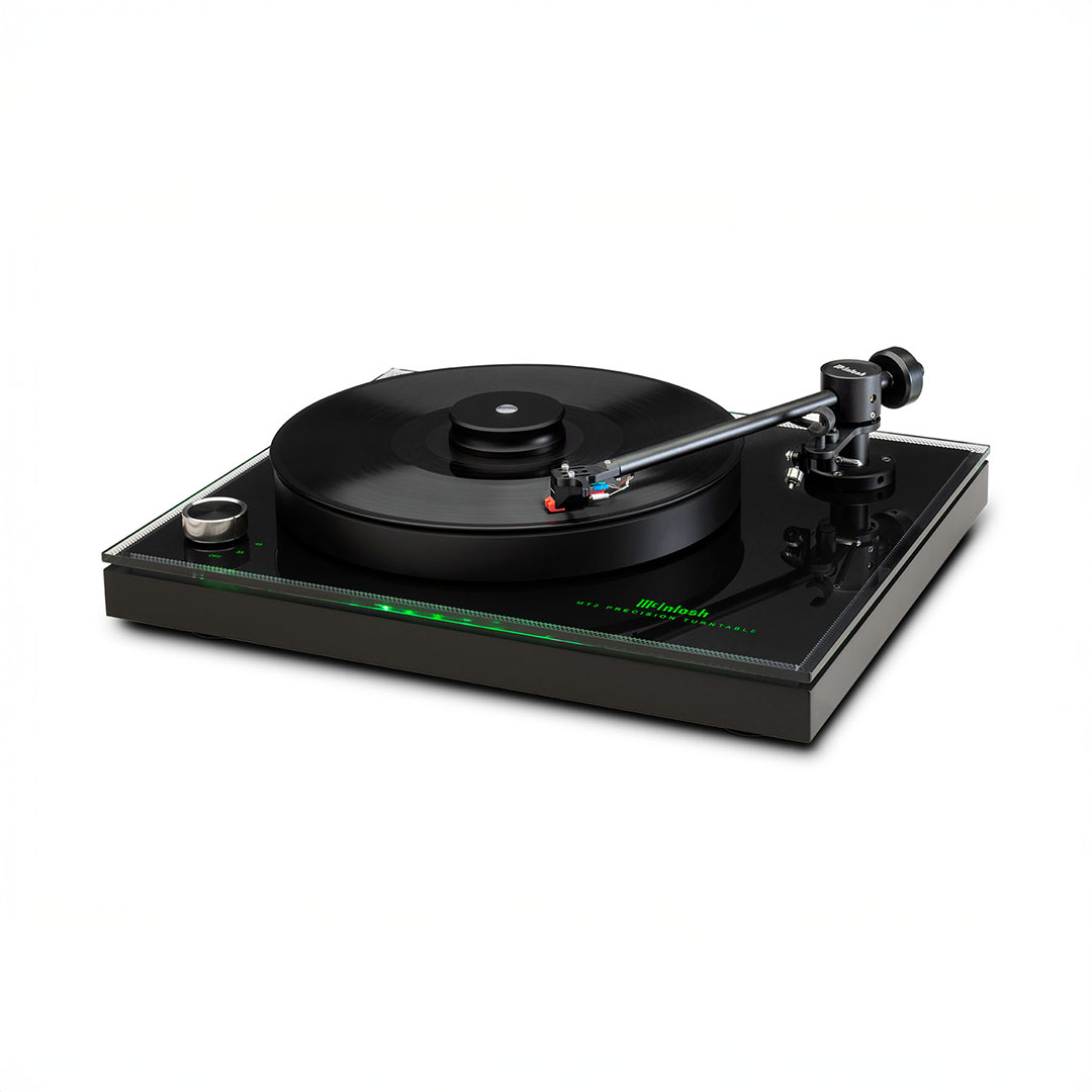 High-end turntable with vinyl record on top.