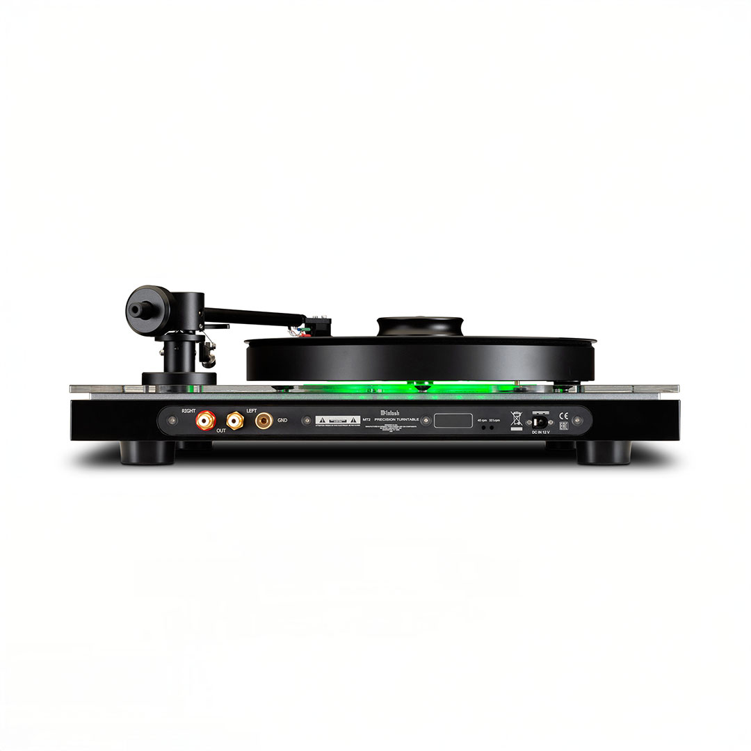 High-end turntable with modern design and green accents.