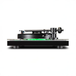 Modern black turntable with green accents.