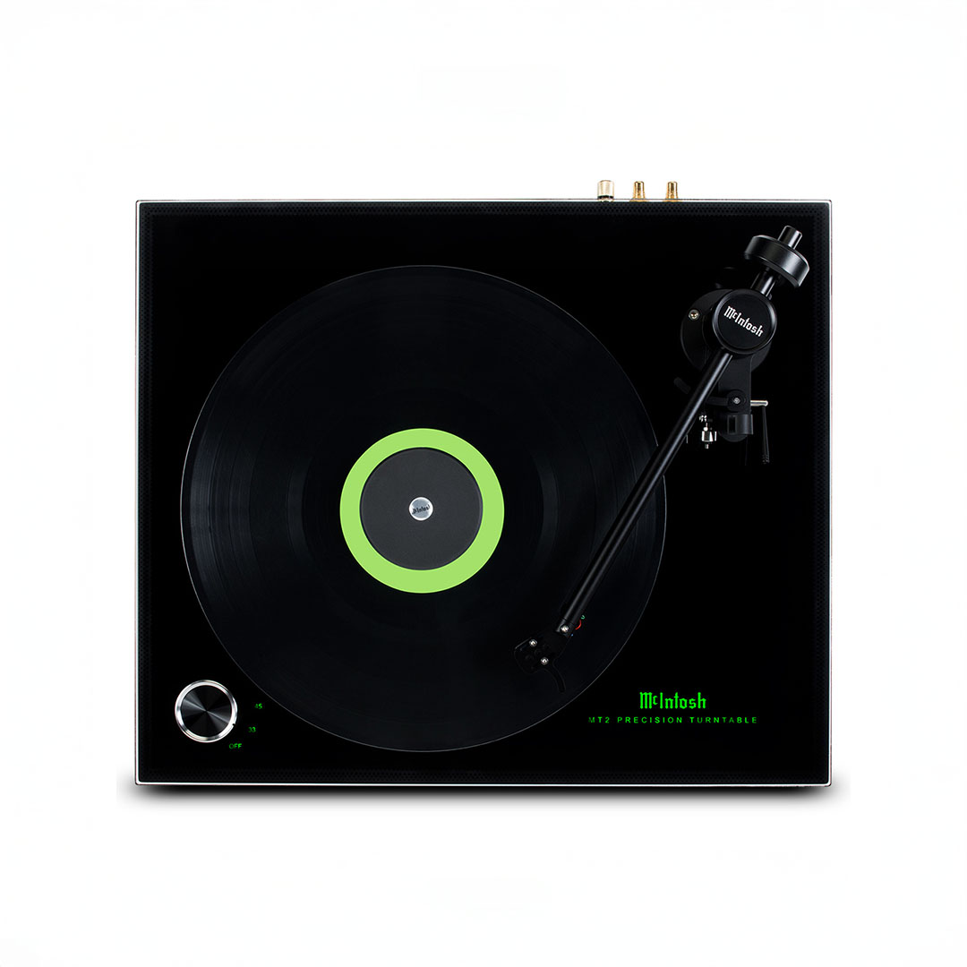 Top view of a vinyl turntable with record.