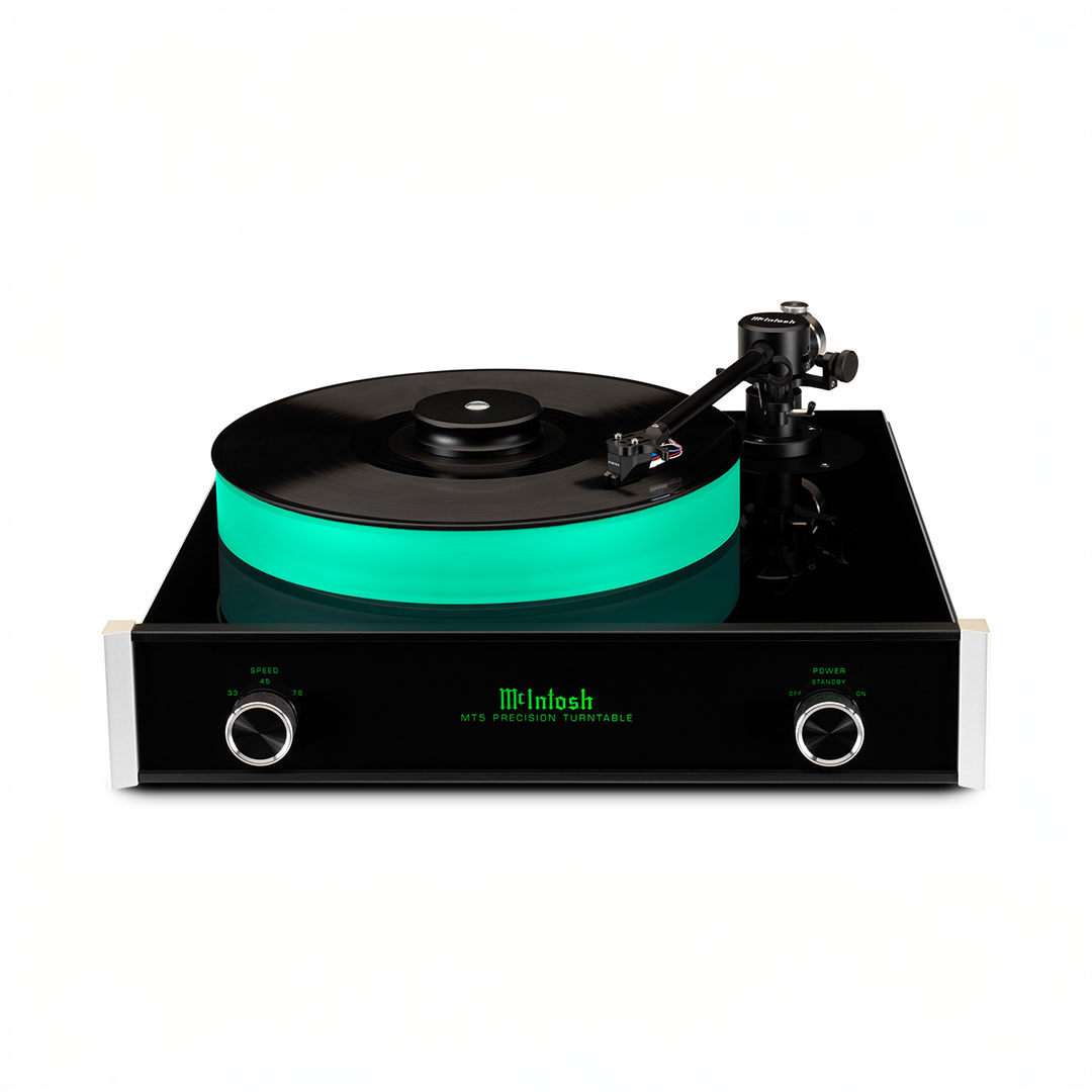 Modern turntable with glowing platter and controls.