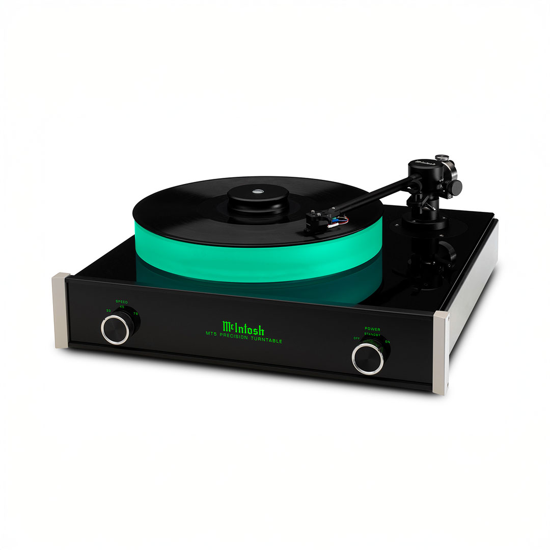 Retro McIntosh turntable with glowing green accents.