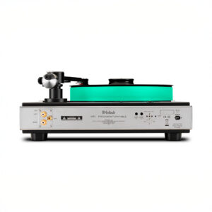 High-end precision turntable with glowing green platter.