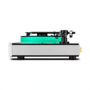 High-end turntable with turquoise platter side view.