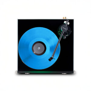 Turntable playing a bright blue vinyl record.