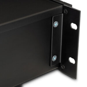 Close-up of black metal bracket and screws.