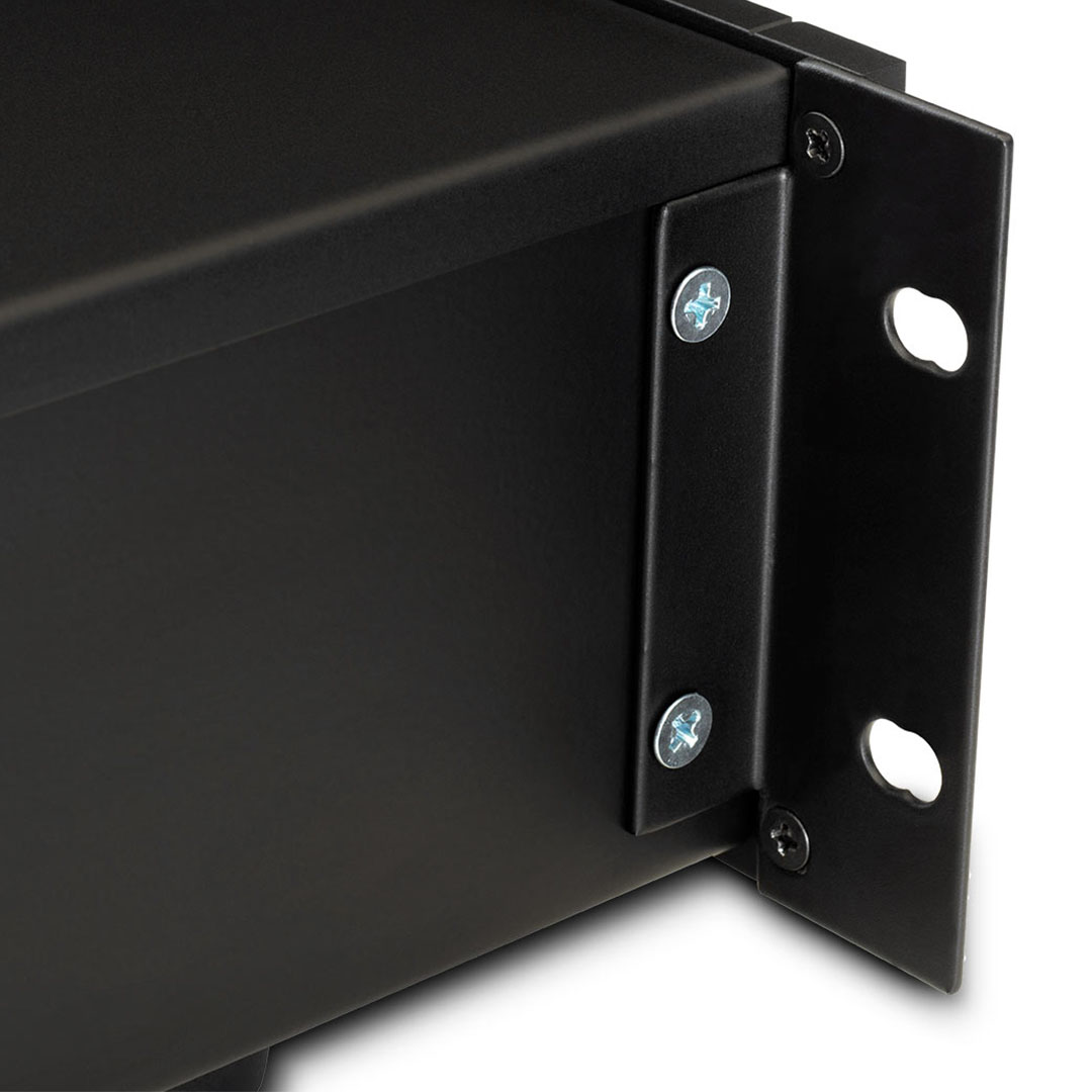 Close-up of black metal bracket and screws.