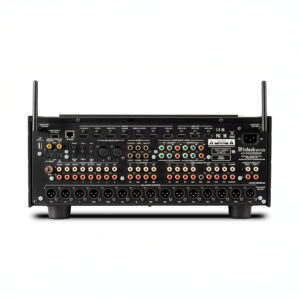 Rear view of audio processor with multiple input ports.