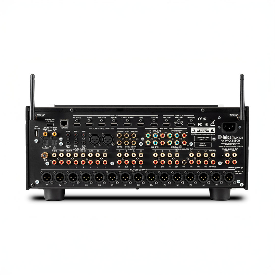 Rear view of audio processor with multiple input ports.